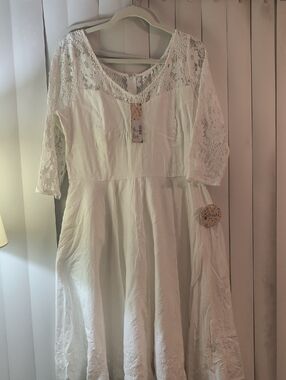 NWT Midi With Full Skirt, White 3/4 Lace Sleeve Women’s Dress, XL